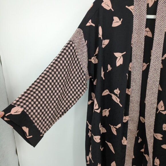 Vintage Patti Cappalli California Kimono Cover Up Jacket Leaves Plaid Black Pink - Picture 4 of 7